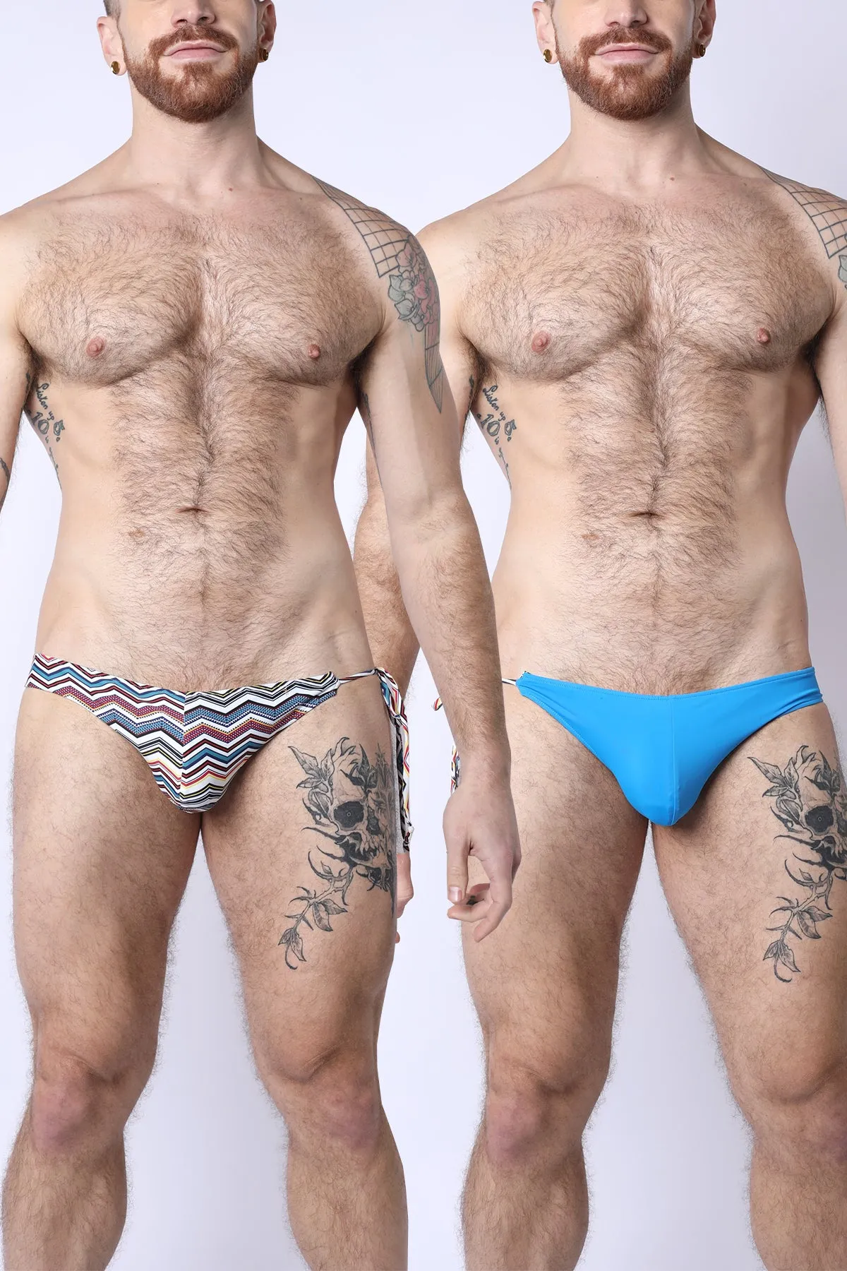 2-IN-1 MAUI SIDE TIE REVERSIBLE LOW RISE SWIM BRIEF - BLUE / ZIGZAG PRINT