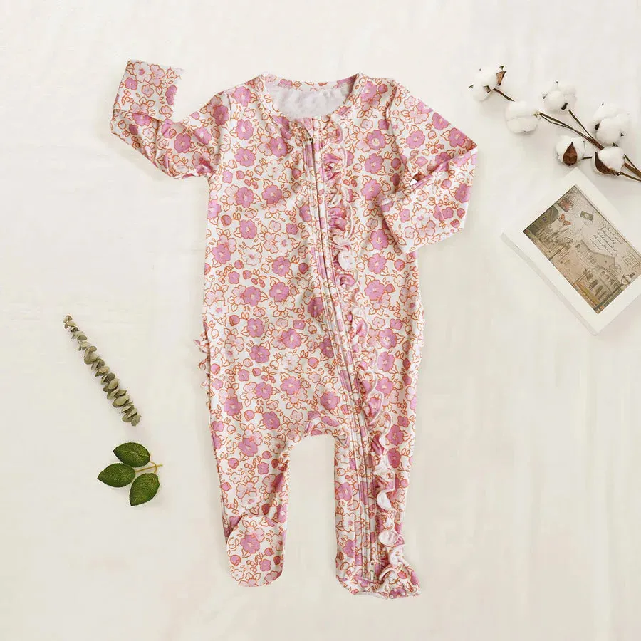 2PCS Sweet Floral Printed Long Sleeve Baby Jumpsuit