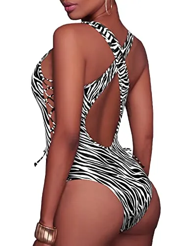 Adjustable Straps Removable Cups Plunge V Neck Swimwear-Zebra Pattern