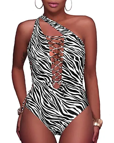 Adjustable Straps Removable Cups Plunge V Neck Swimwear-Zebra Pattern