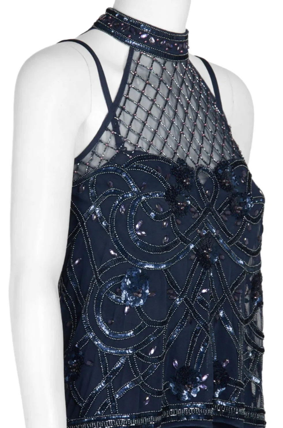 Aidan Mattox Halter Neck Illusion Embellished Popover Keyhole Back Mesh Stretch Crepe Jumpsuit