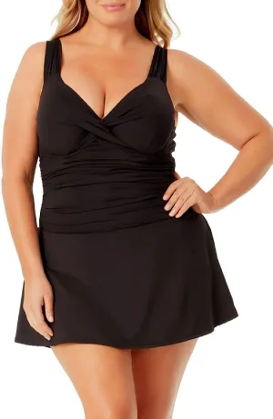 Anne Cole Plus Women's V-Neck Ruched Underwire Swimdress, Black, 20W