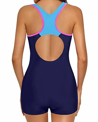 Athletic Tummy Control Stretchy Fabric One Piece Swimsuits For Women-Navy