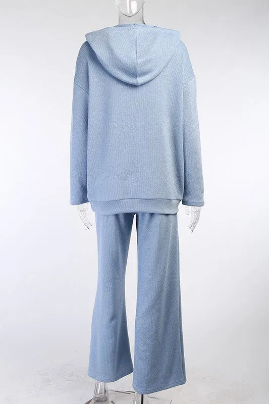 Baby Blue Loungewear Knitted Hoodie And Pants 2pc Set