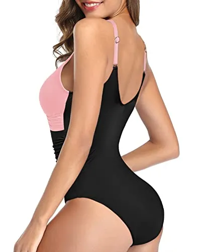 Backless Slimming V Neck One Piece Swimsuit For Women-Pink And Black