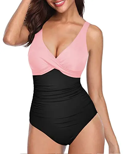 Backless Slimming V Neck One Piece Swimsuit For Women-Pink And Black