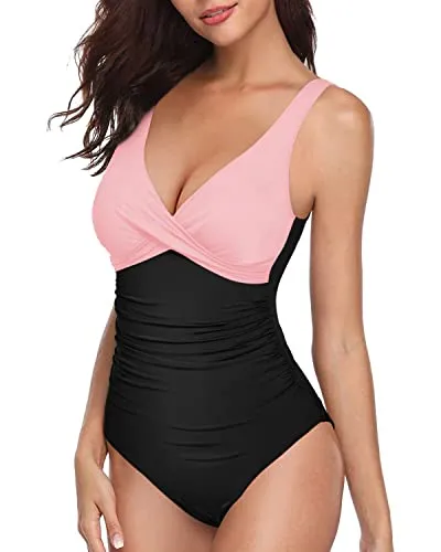 Backless Slimming V Neck One Piece Swimsuit For Women-Pink And Black