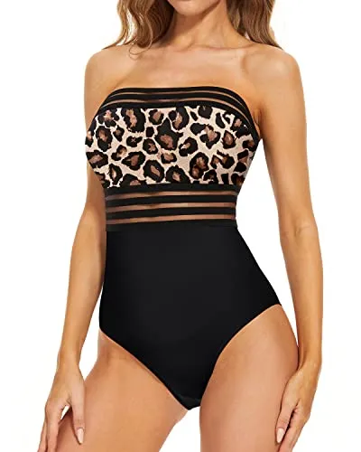 Bandeau One Piece Swimsuit Tummy Control Strapless Bathing Suit For Women-Black And Leopard