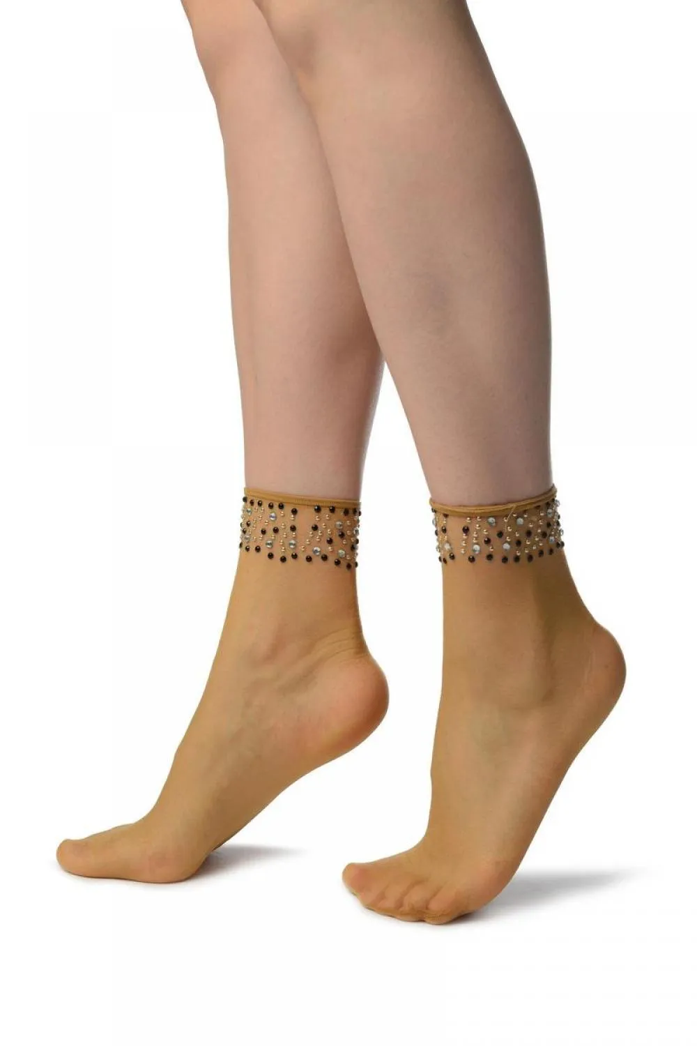 Beige With Crystals Ankle High Socks