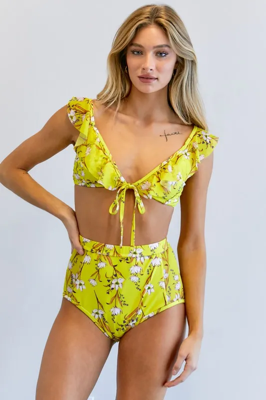 Bikini Set Two Piece High Waist Yellow Floral Printed Bathing Suit Two Piece  Set