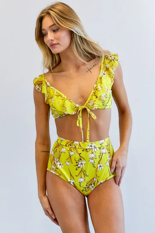 Bikini Set Two Piece High Waist Yellow Floral Printed Bathing Suit Two Piece  Set