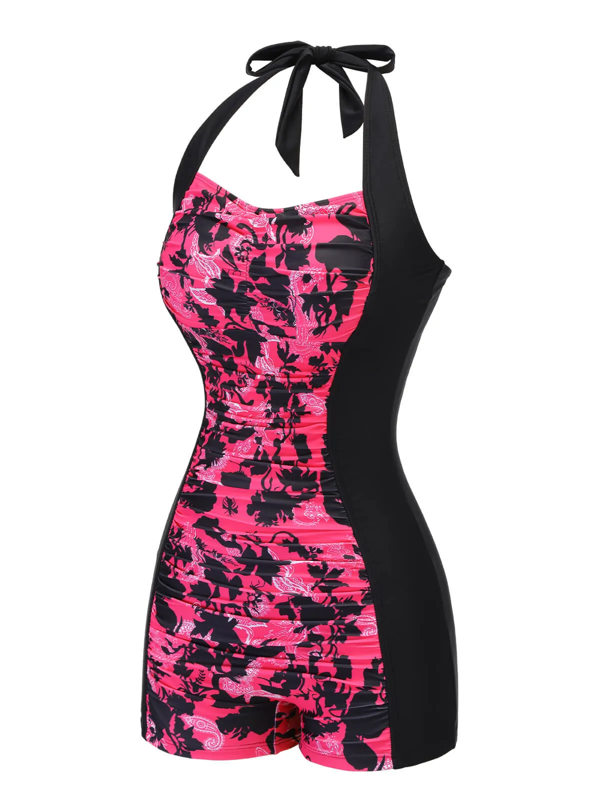 Black & Pink 1950s Floral Halter Swimsuit