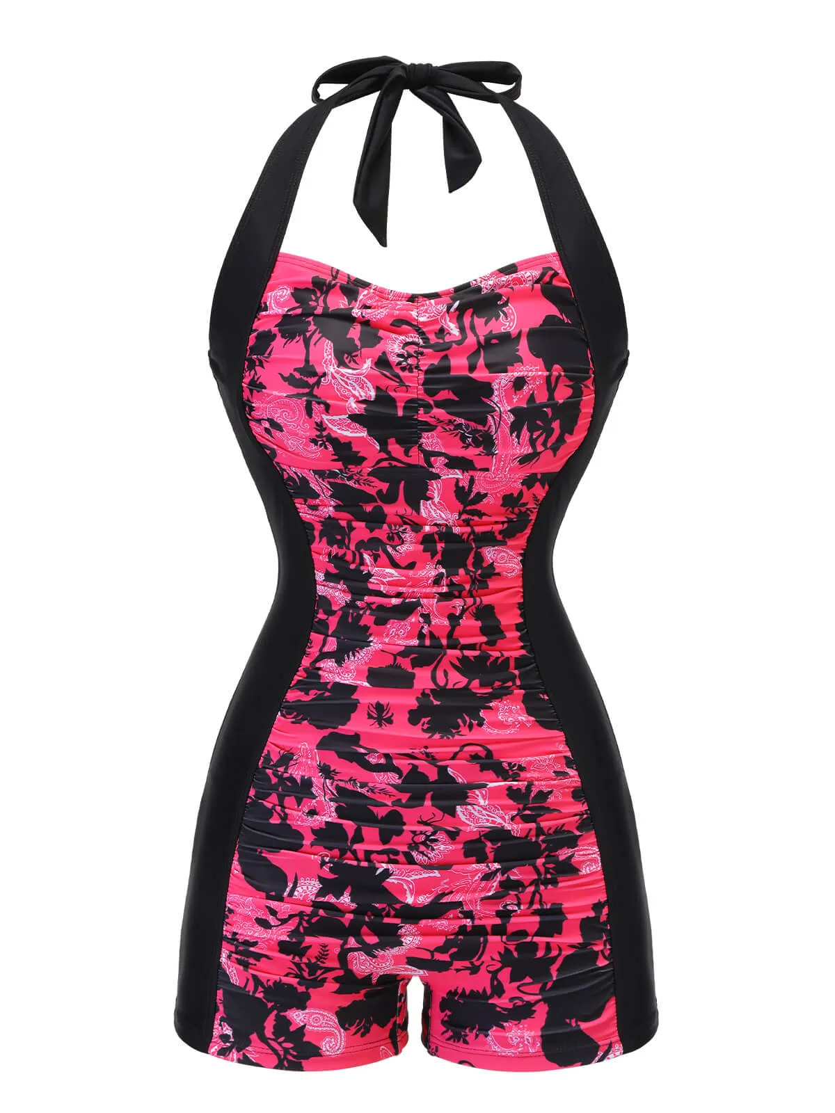 Black & Pink 1950s Floral Halter Swimsuit