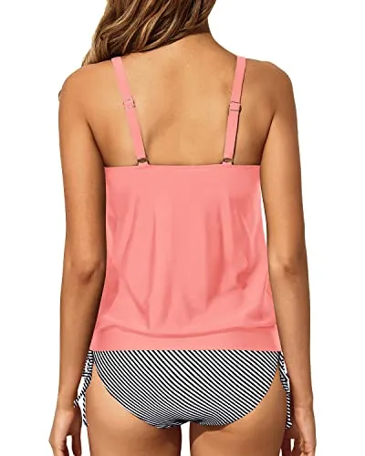 Blouson Tankini Swimsuits For Women Tummy Control Bathing Suits-Coral Pink Stripe