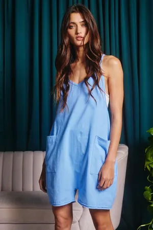 Blue Oversize Tank V-neck Solid Jersey Romper
