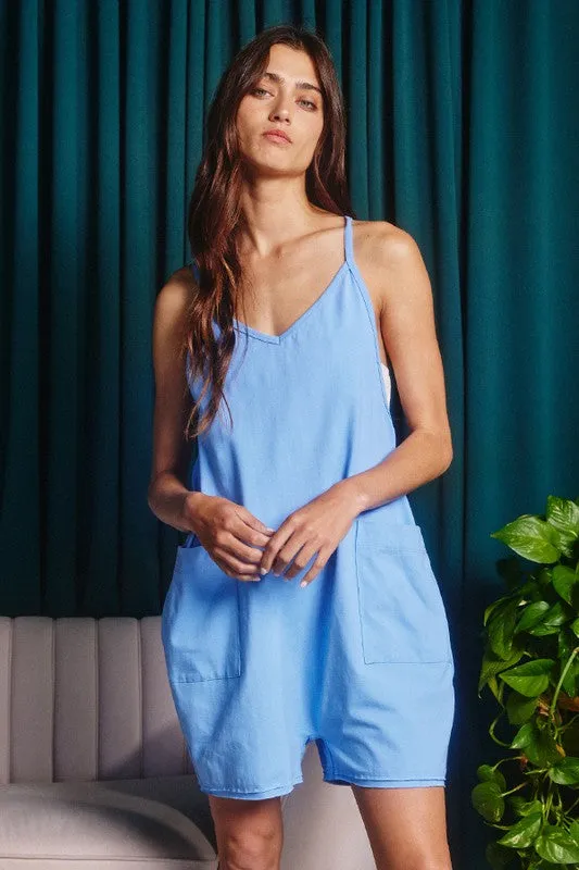 Blue Oversize Tank V-neck Solid Jersey Romper