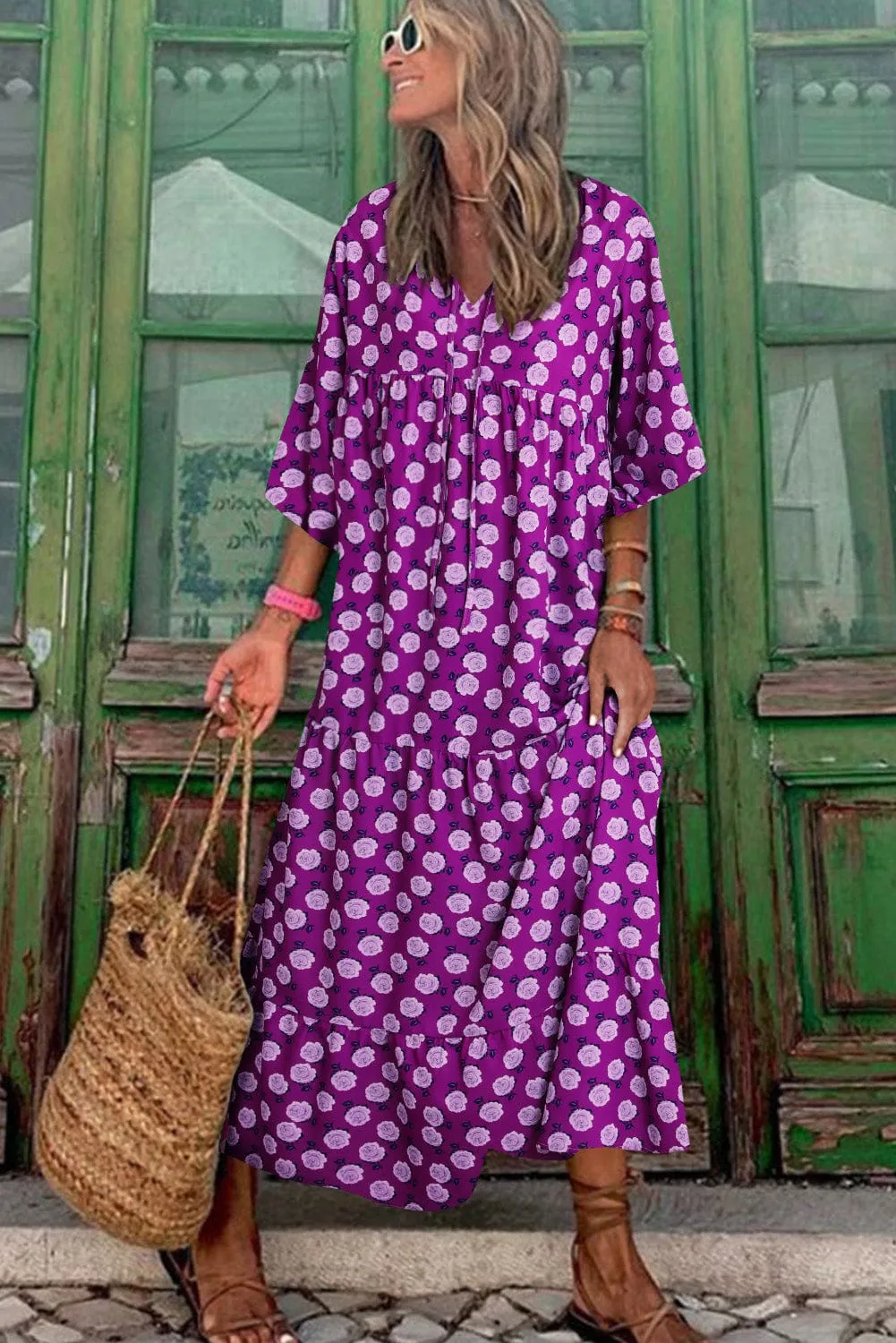 Bohemian Purple Printed Maxi Dress with Puff Sleeves