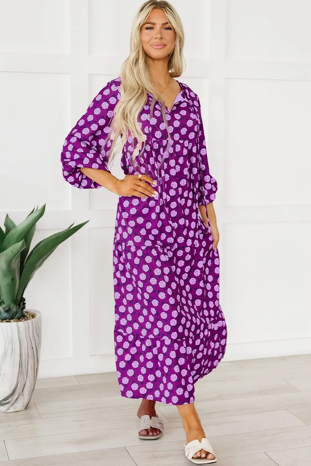 Bohemian Purple Printed Maxi Dress with Puff Sleeves