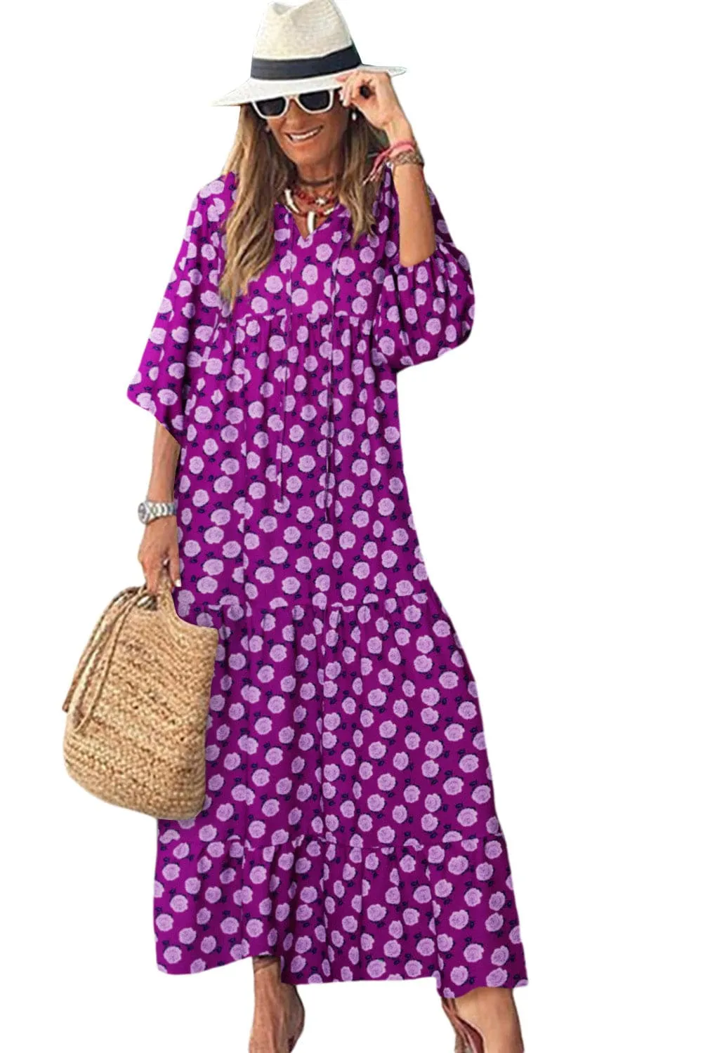 Bohemian Purple Printed Maxi Dress with Puff Sleeves
