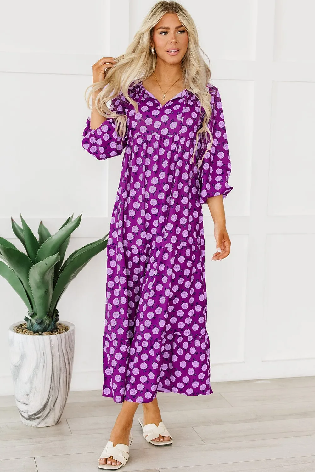 Bohemian Purple Printed Maxi Dress with Puff Sleeves