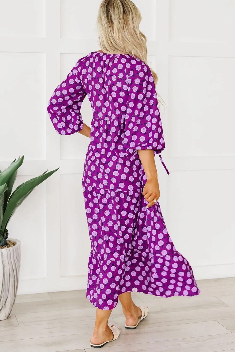 Bohemian Purple Printed Maxi Dress with Puff Sleeves