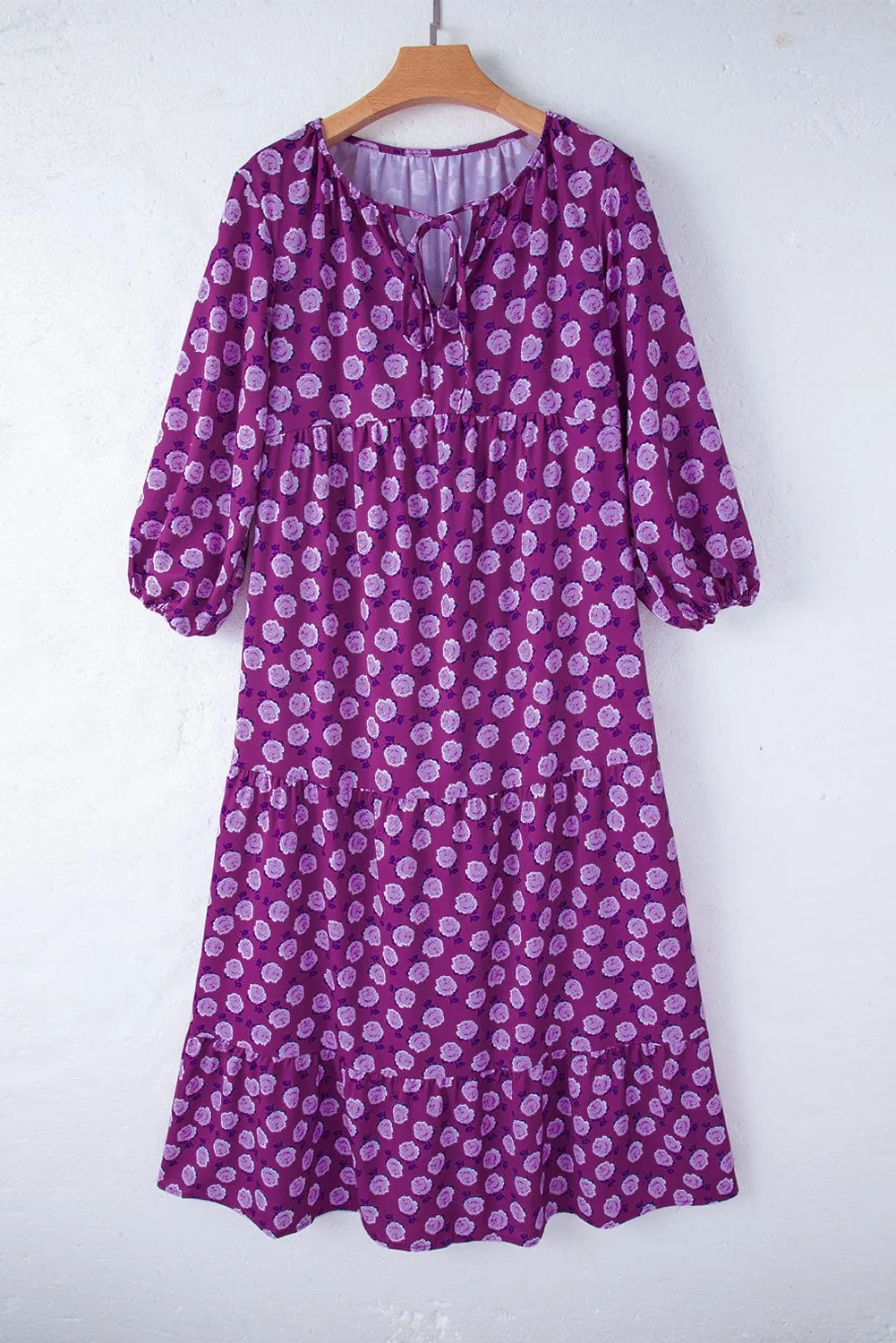Bohemian Purple Printed Maxi Dress with Puff Sleeves