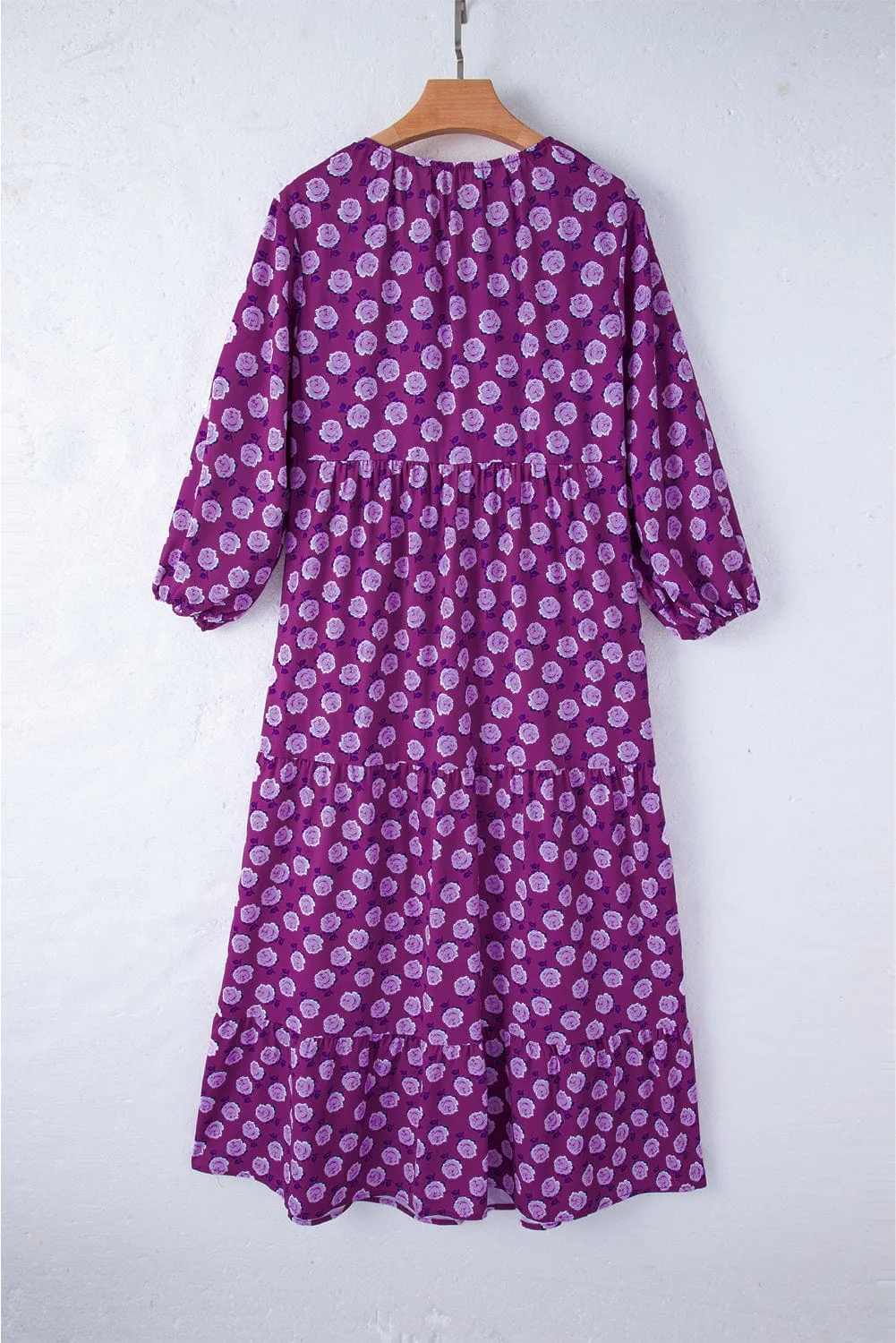 Bohemian Purple Printed Maxi Dress with Puff Sleeves