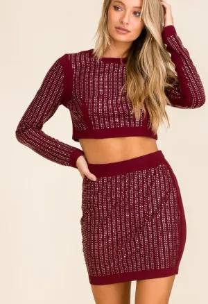 Burgundy Hotfix Skirt Set With Long Slv Top