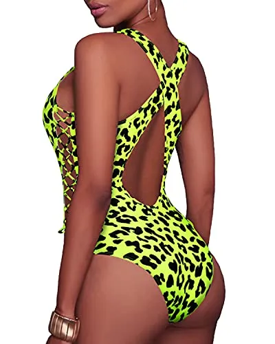 Chic Criss Cross Thong One Piece Swimsuits-Yellow Leopard
