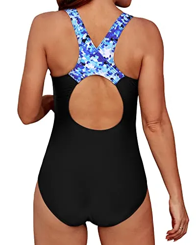 Color Block Athletic Sports One Piece Swimsuit-Black And Geometry