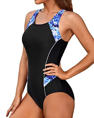 Color Block Athletic Sports One Piece Swimsuit-Black And Geometry