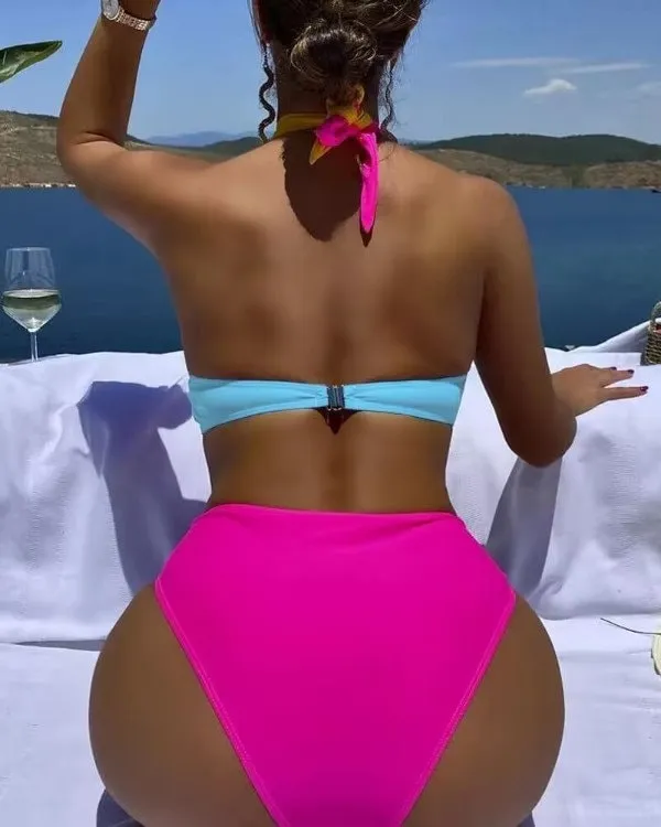 Colorblock Cutout Halter One-Piece Swimsuit