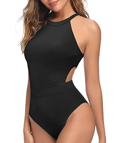 Cutout High Neck One Piece Swimsuit Tummy Control For Teen Girls-Black