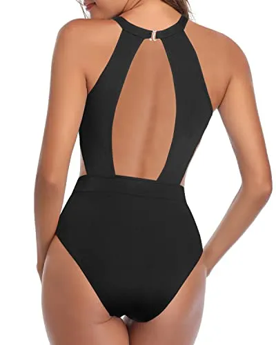Cutout High Neck One Piece Swimsuit Tummy Control For Teen Girls-Black