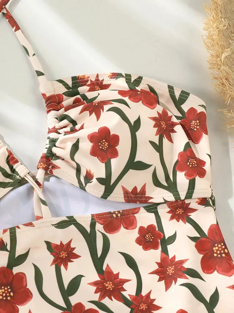Cutout Swimwear Floral One-Piece Halter Swimsuit