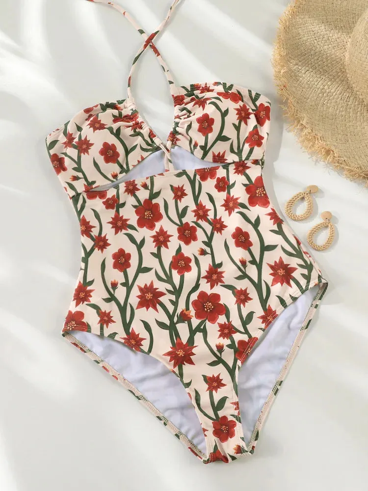 Cutout Swimwear Floral One-Piece Halter Swimsuit