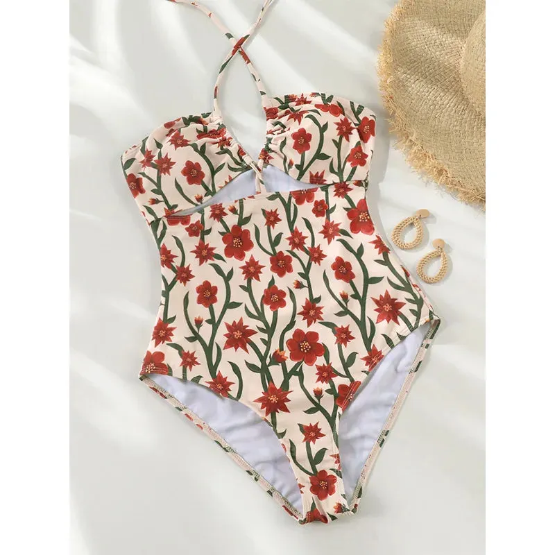Cutout Swimwear Floral One-Piece Halter Swimsuit