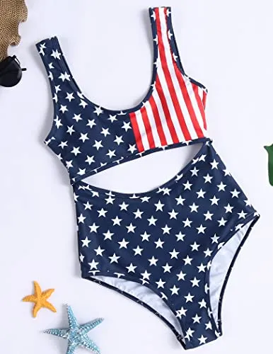 Ekouaer Women Cutout One Piece Patriotic Bathing Suits Tummy Control Monokini Swimsuits Keyhole Backless Swimwear