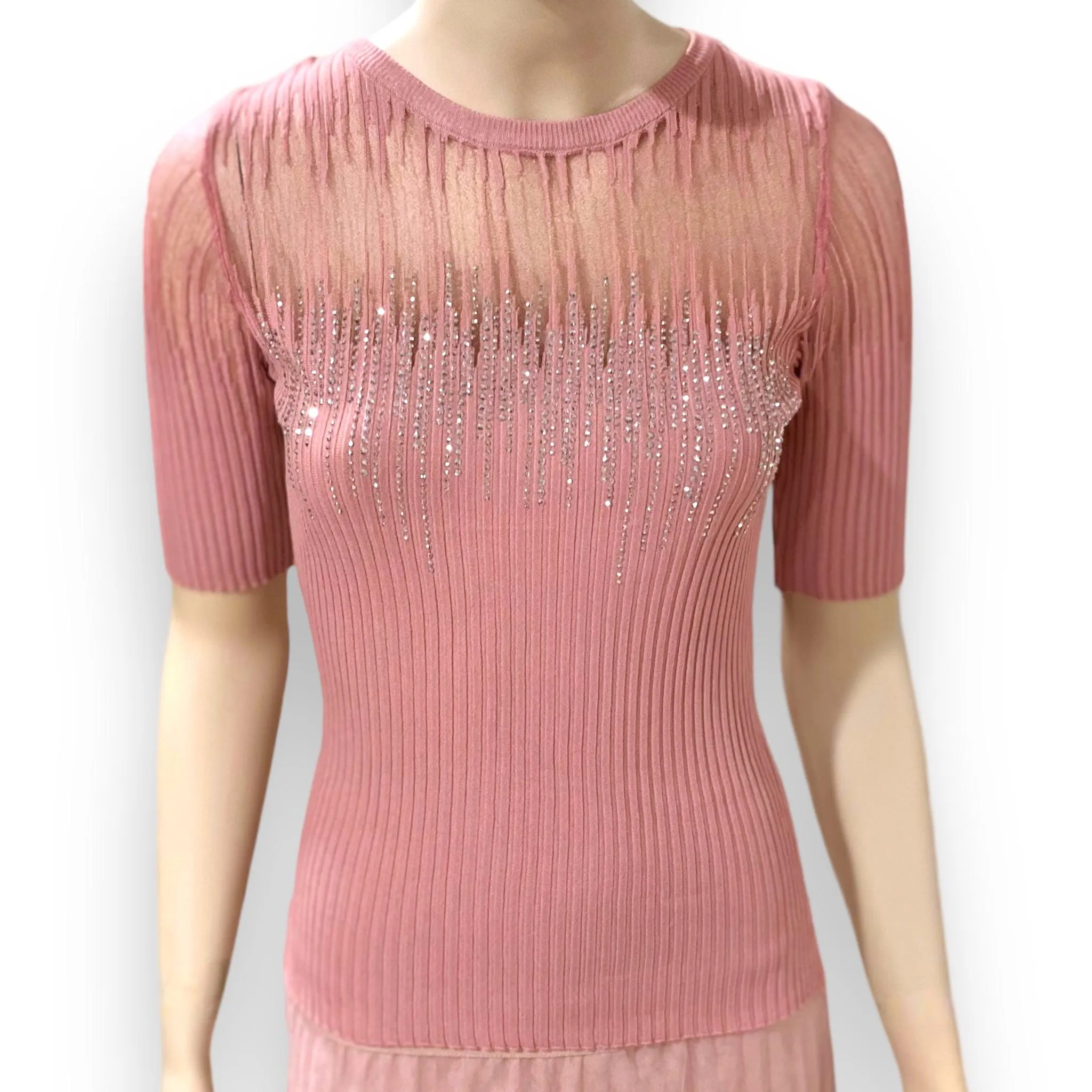 Elegant Pink Embellished Illusion Top