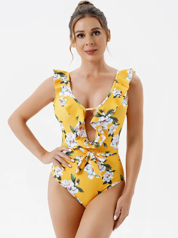 Floral One-Piece Cutout Backless Swimwear with Ruffle Accents