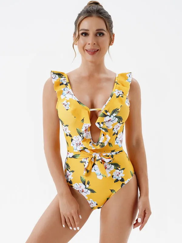 Floral One-Piece Cutout Backless Swimwear with Ruffle Accents