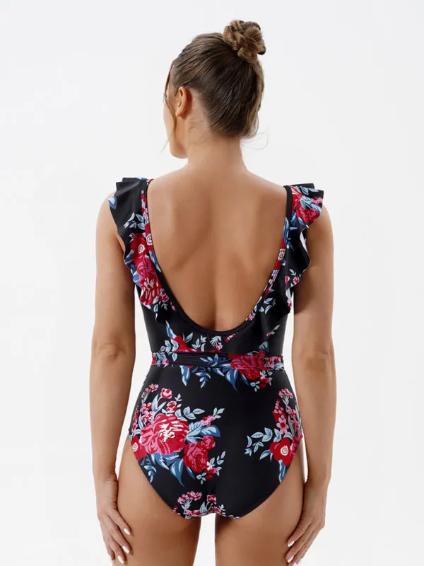 Floral One-Piece Cutout Backless Swimwear with Ruffle Accents