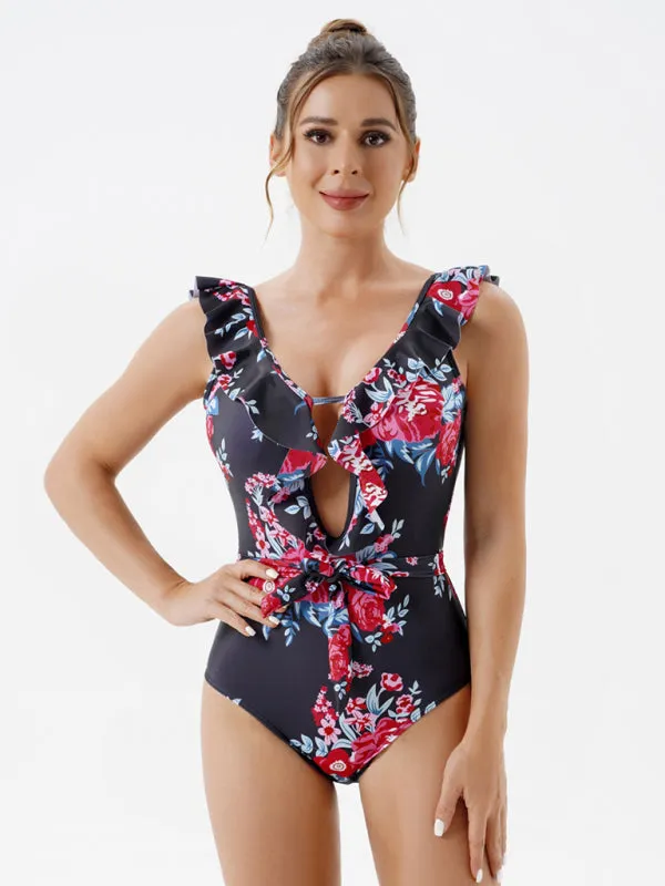 Floral One-Piece Cutout Backless Swimwear with Ruffle Accents
