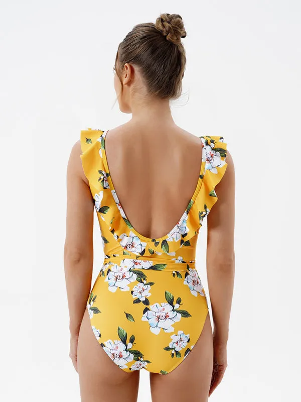 Floral One-Piece Cutout Backless Swimwear with Ruffle Accents