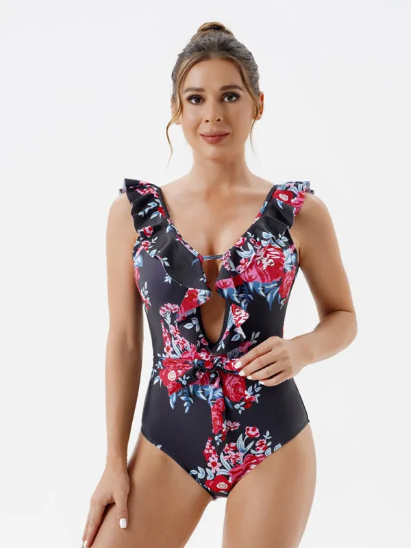 Floral One-Piece Cutout Backless Swimwear with Ruffle Accents