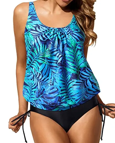 Full Coverage Tummy Control Two Piece Swimsuits-Dark Blue Green Leaves