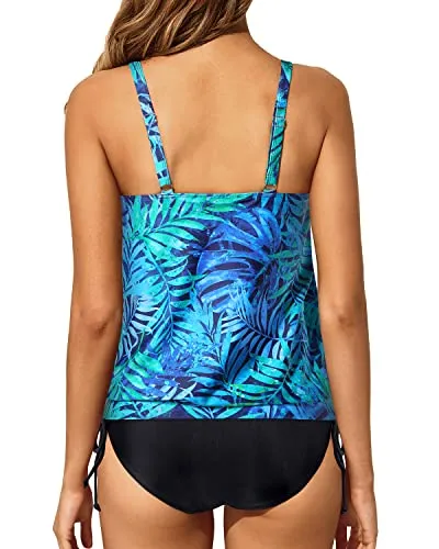 Full Coverage Tummy Control Two Piece Swimsuits-Dark Blue Green Leaves