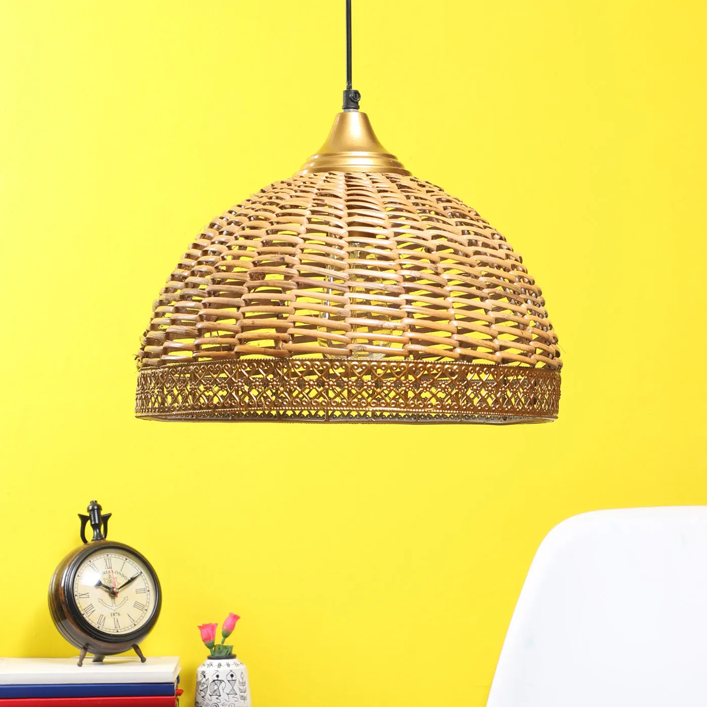 Gold Metal Hanging Light - basket-wooden - Included Bulb
