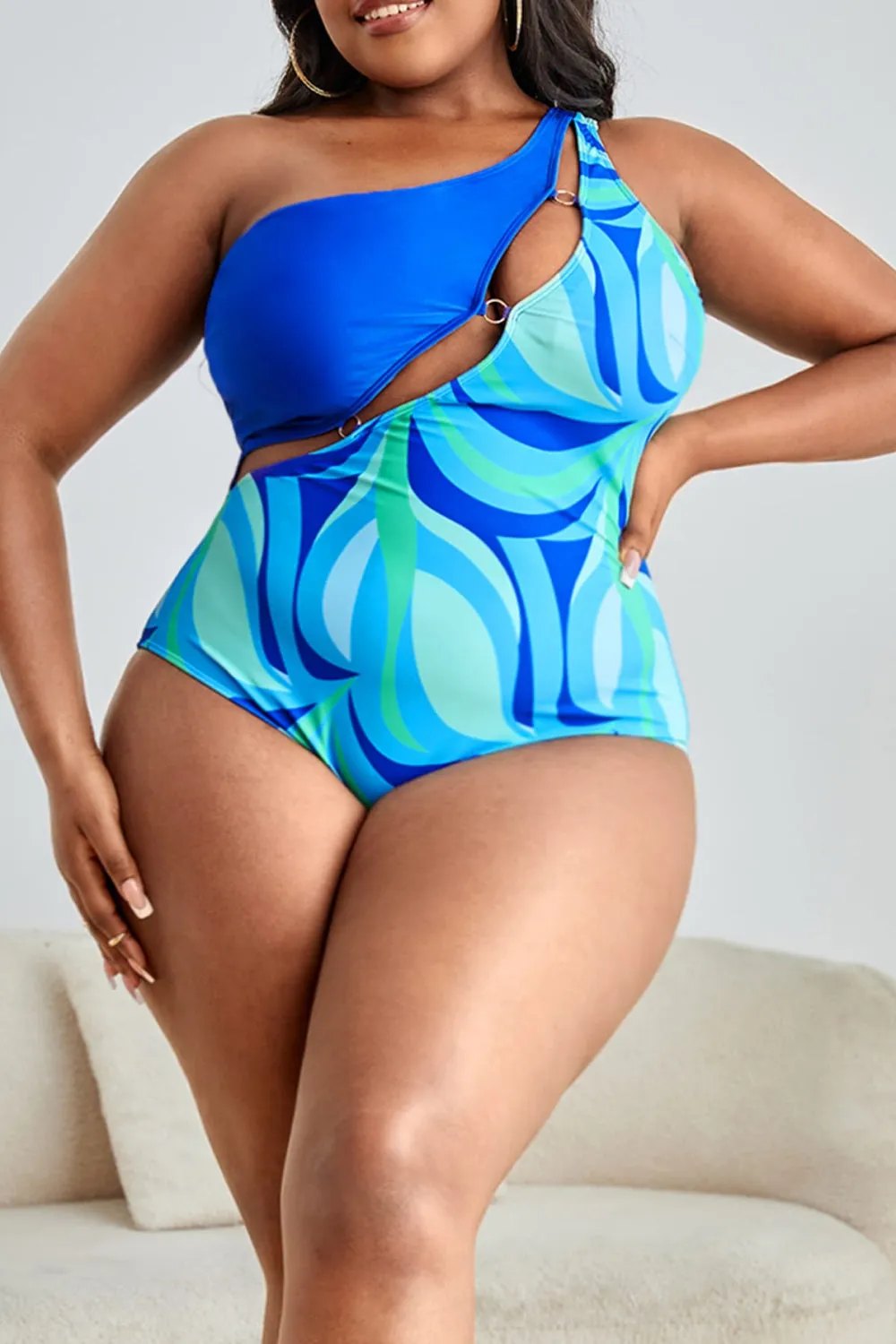 Groovy Baby Plus Size Printed Ring Detail One-Shoulder One-Piece Swimsuit
