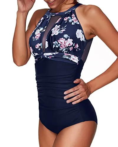 Halter High Neck Mesh Plunge Swimsuit With Tummy Control-Navy Blue Floral